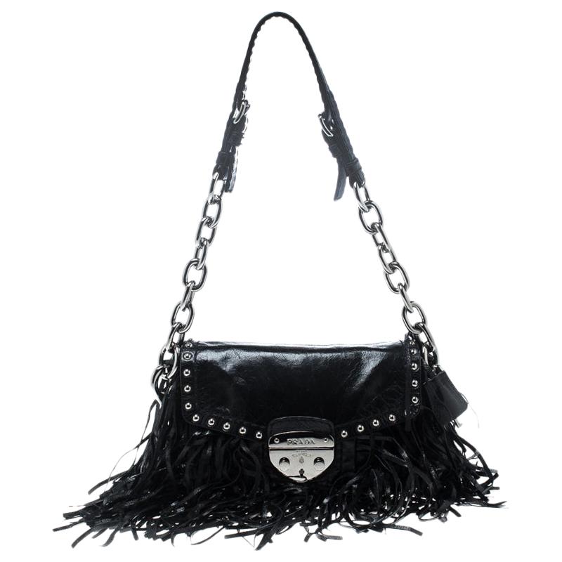Prada Black Vitello Shine Leather Fringe Shoulder Bag