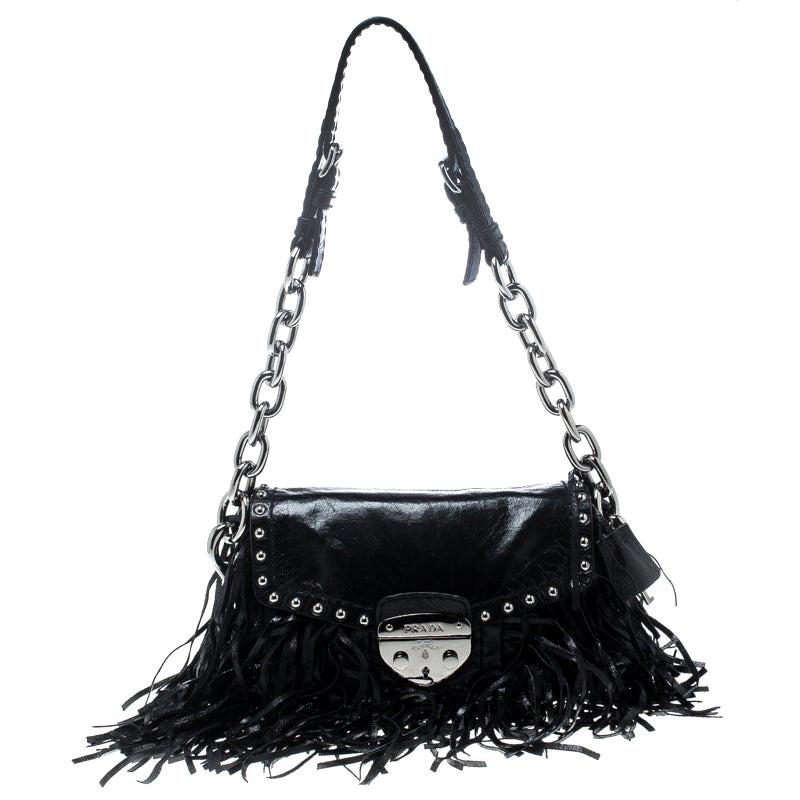 Prada Black Vitello Shine Leather Fringe Shoulder Bag