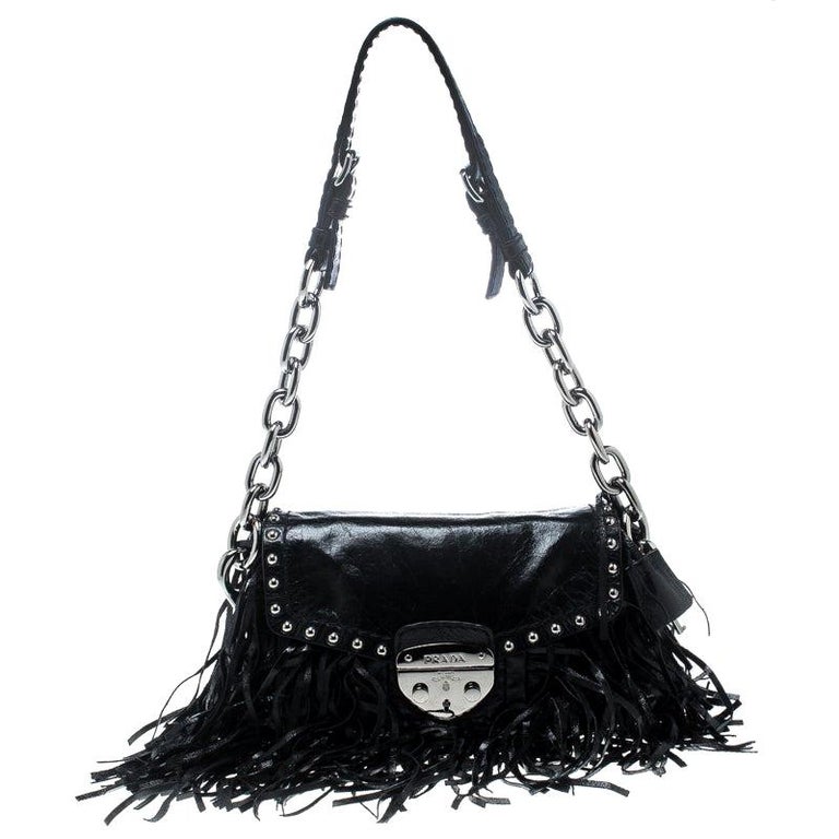 Prada Black Vitello Shine Leather Fringe Shoulder Bag For Sale at 1stDibs