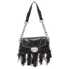 Prada Black Vitello Shine Leather Fringe Shoulder Bag