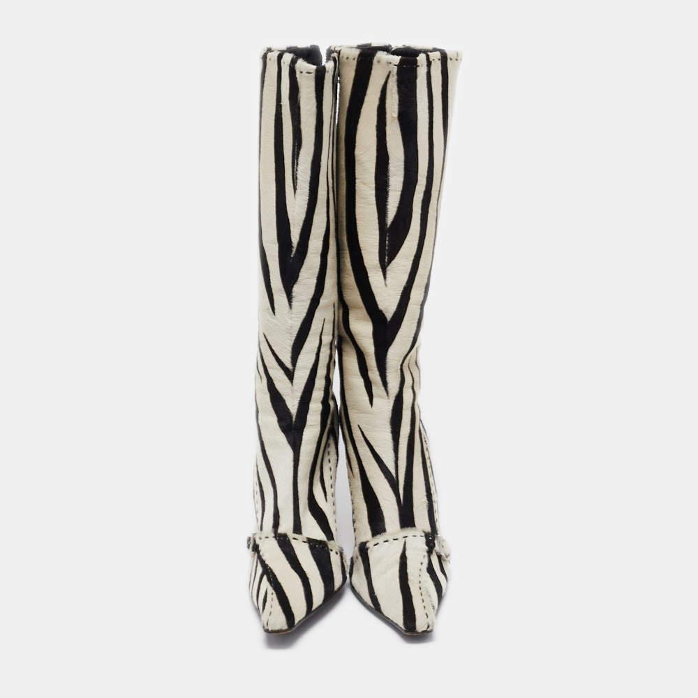 Prada Black/White Calf hair Zebra Printed Knee Length Boots Size 41 In Good Condition In Dubai, Al Qouz 2