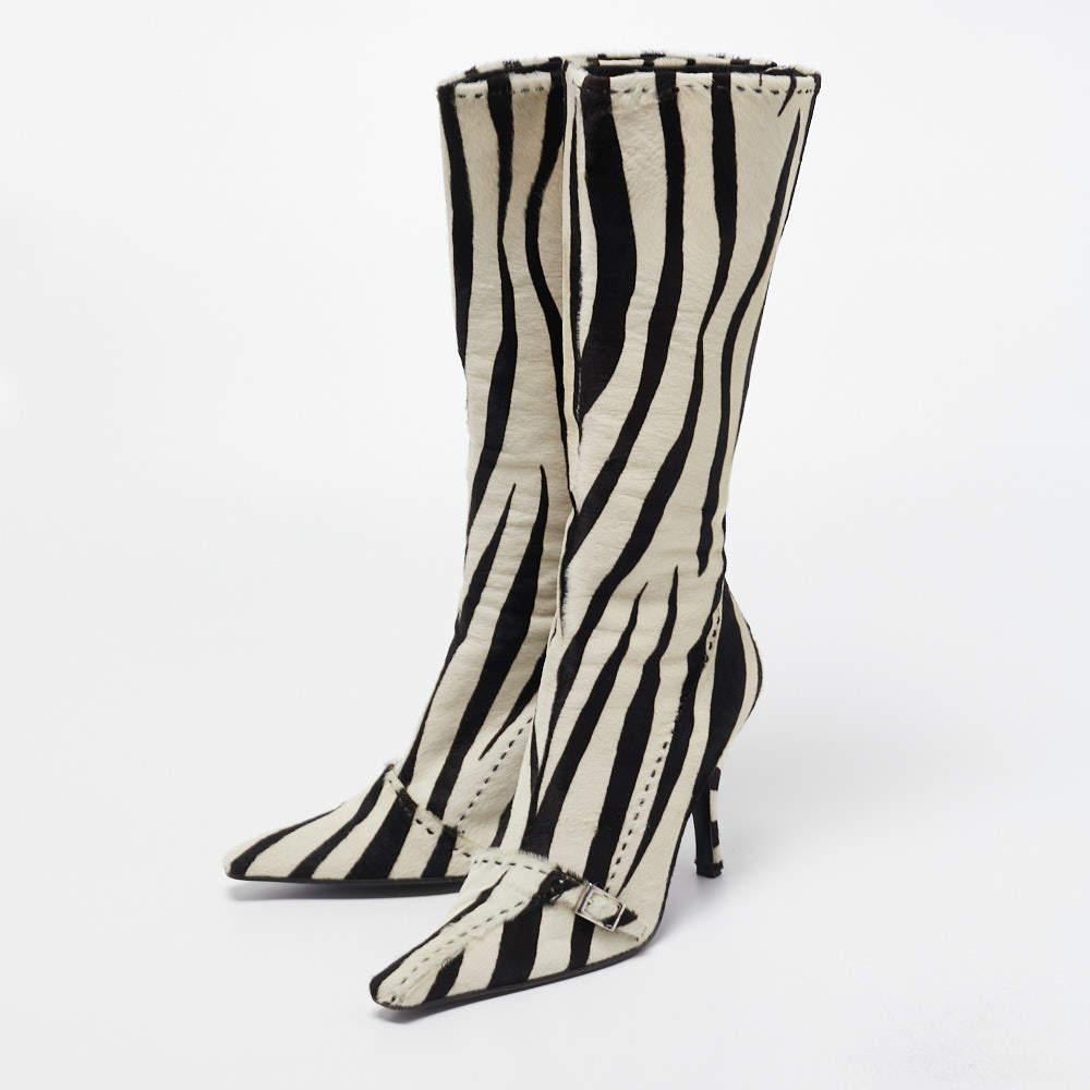 Prada Black/White Calf hair Zebra Printed Knee Length Boots Size 41 1