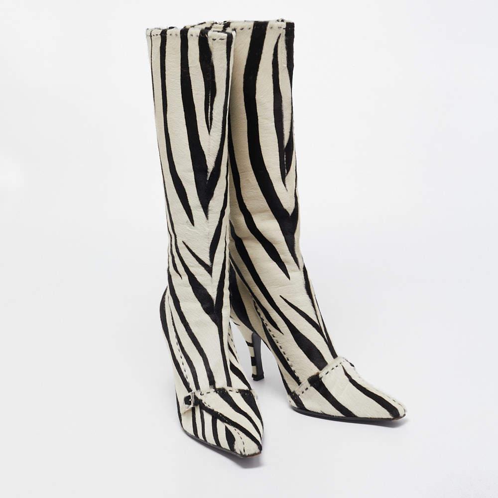 Prada Black/White Calf hair Zebra Printed Knee Length Boots Size 41 2