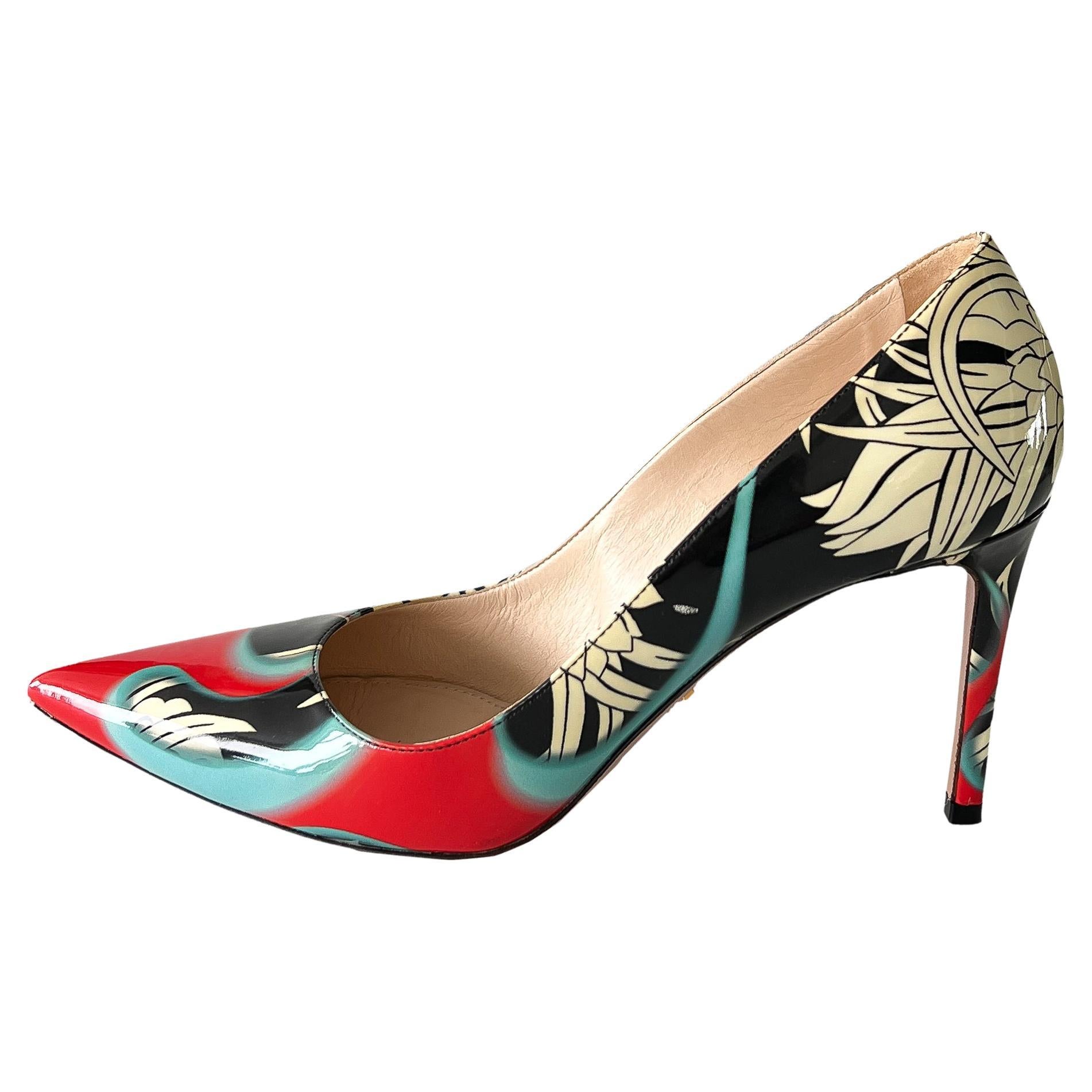Prada Black, White, Floral Shoes With Flames 2018 For Sale