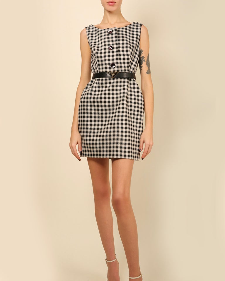 Prada black and white gingham check print sleeveless babydoll style mini  dress For Sale at 1stDibs | prada babydoll dress, structured gingham dress,  prada gingham dress