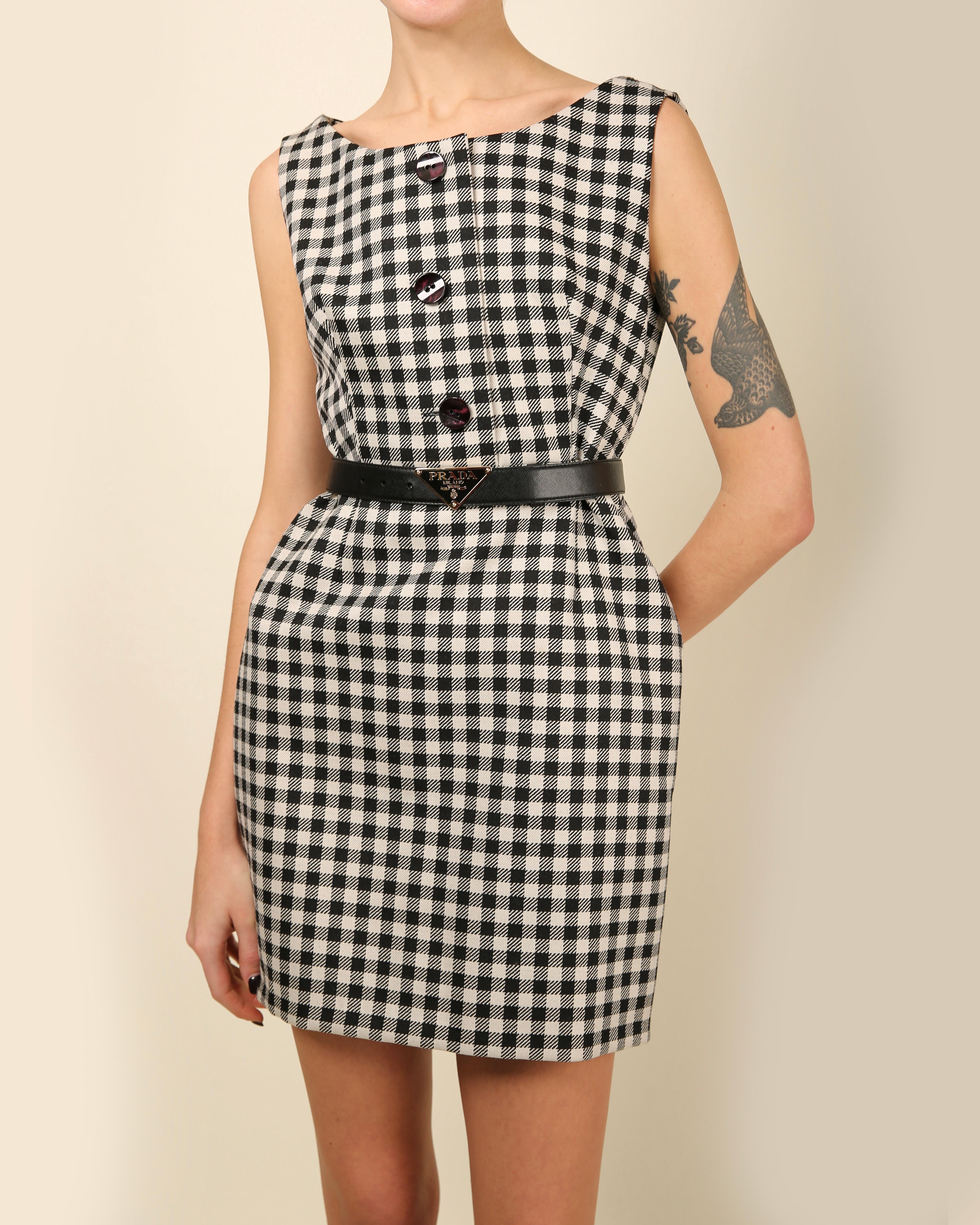 Prada black & white gingham check print sleeveless babydoll style mini dress For Sale 1