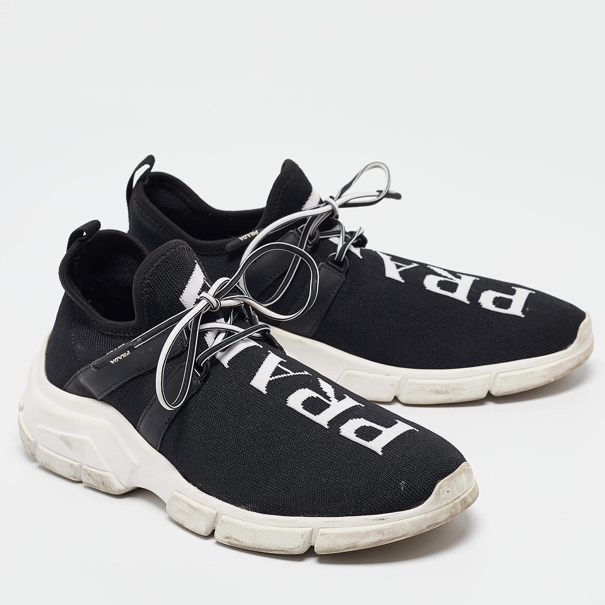 Women's Prada Black/White Knit Fabric Lace Up Sneakers Size 37.5 For Sale