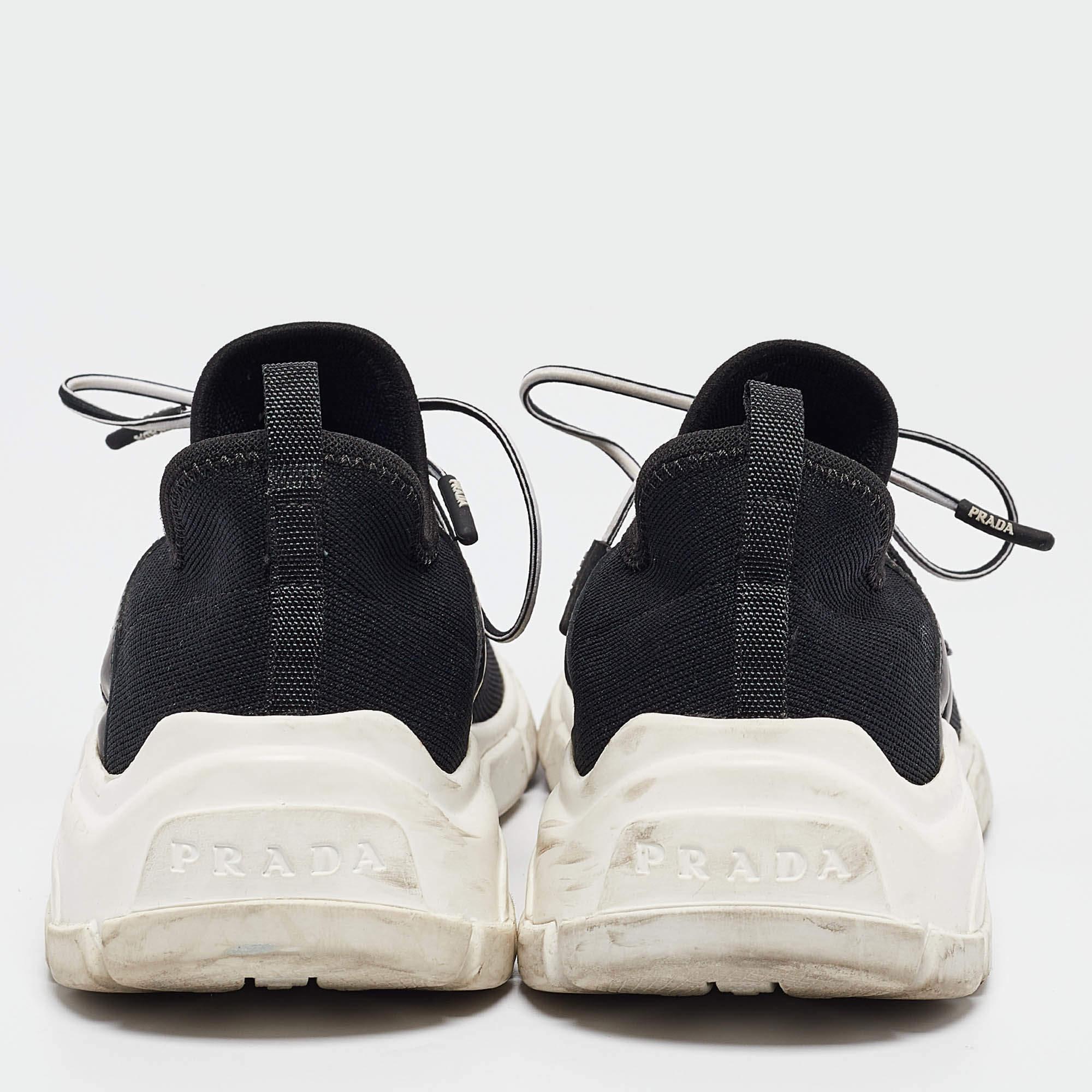 Prada Black/White Knit Fabric Lace Up Sneakers Size 37.5 For Sale 1