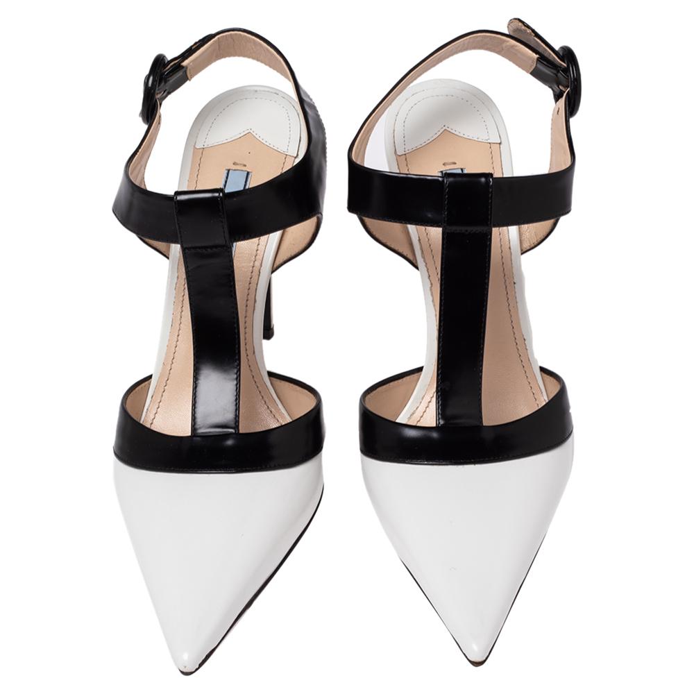 Beige Prada Black/White Leather T Strap Pointed Toe Ankle Strap Sandals Size 41