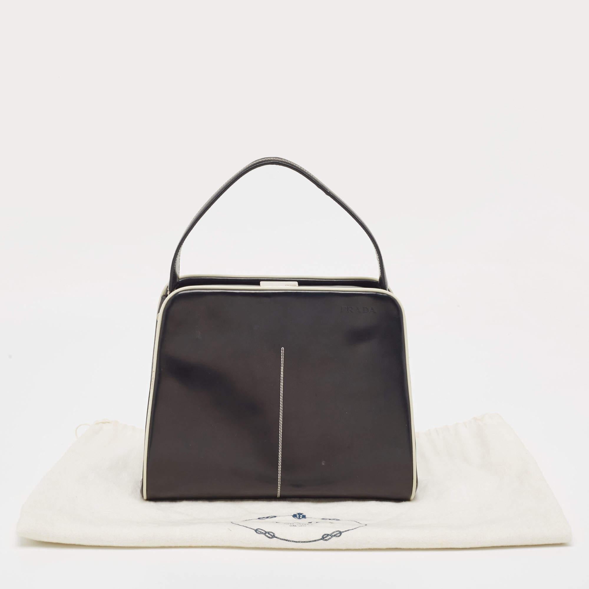 Prada Black/White Patent Leather Frame Top Handle Bag For Sale 10