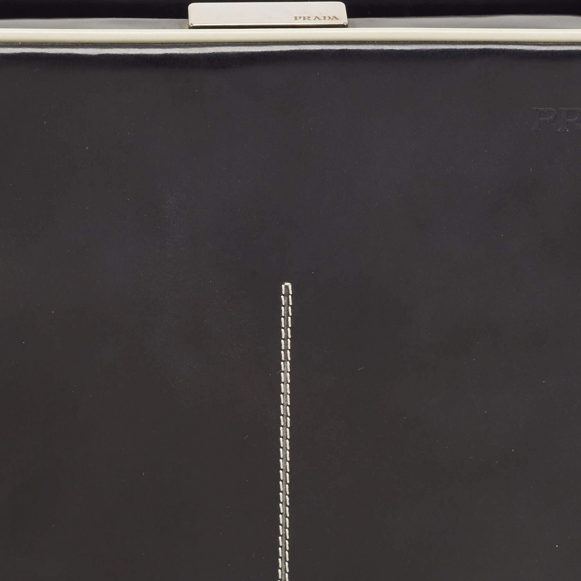 Prada Black/White Patent Leather Frame Top Handle Bag For Sale 3