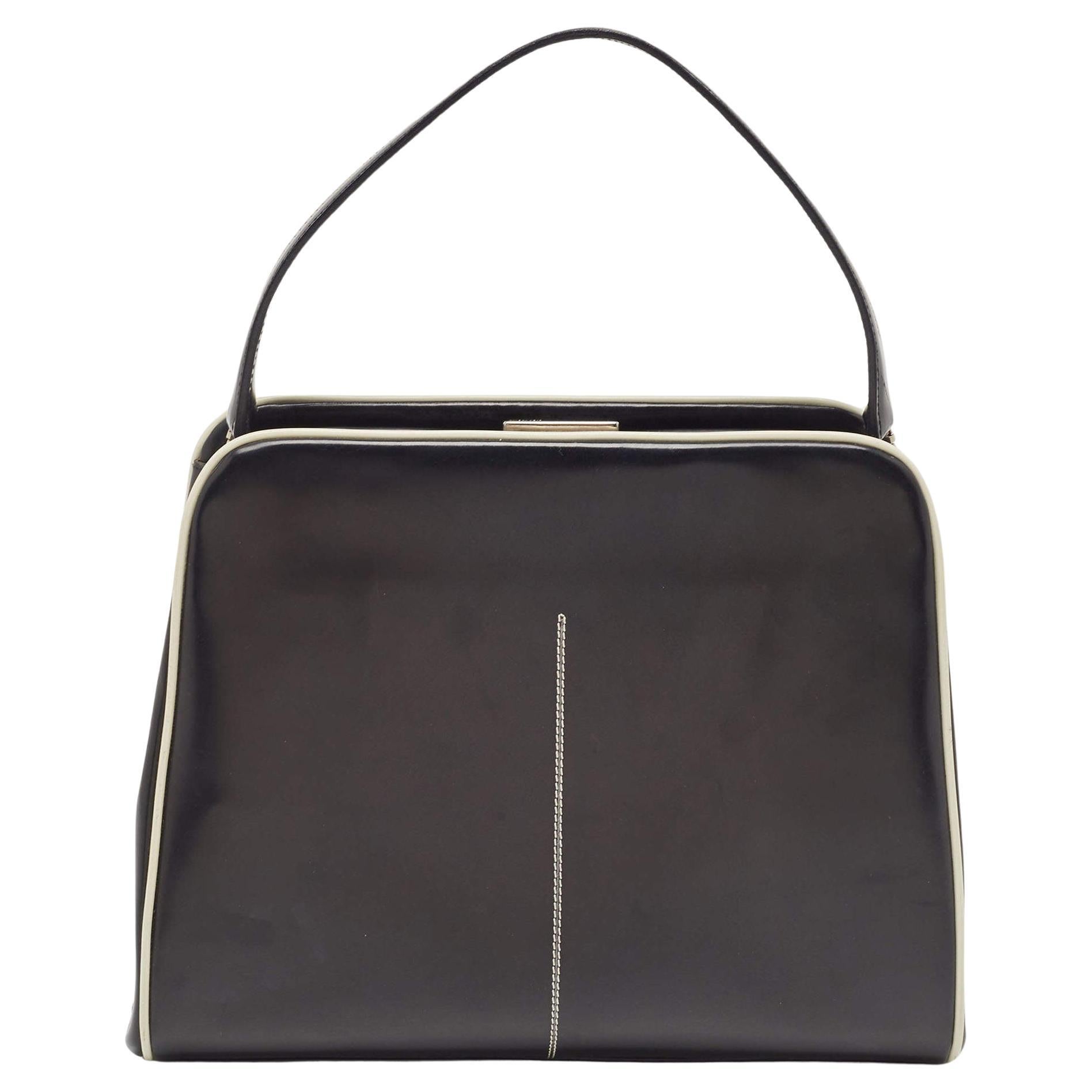 Prada Black/White Patent Leather Frame Top Handle Bag For Sale