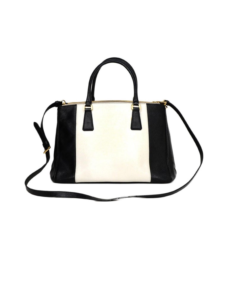 Prada Black and White Saffiano Leather Medium Double Zip Tote