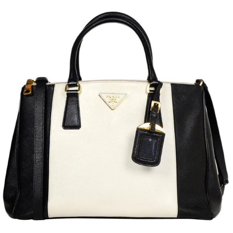 White/black Medium Saffiano Leather Double Prada Bag