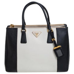 Prada Schwarz/Weiß Saffiano Lux Leder Medium Double Zip Tote