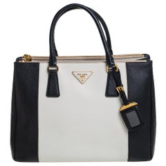 Prada Black/White Saffiano Lux Leather Medium Double Zip Tote