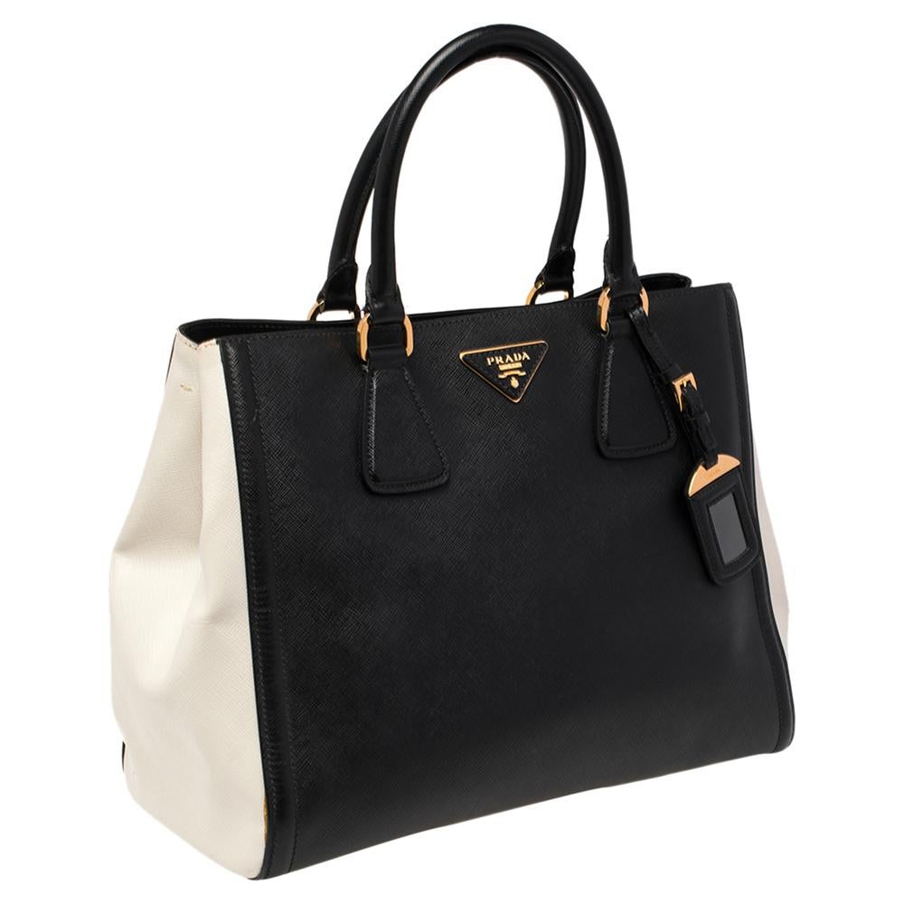 Women's Prada Black/White Saffiano Lux Leather Parabole Tote Bag