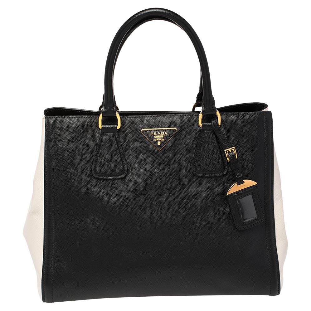 Prada Black/White Saffiano Lux Leather Parabole Tote Bag