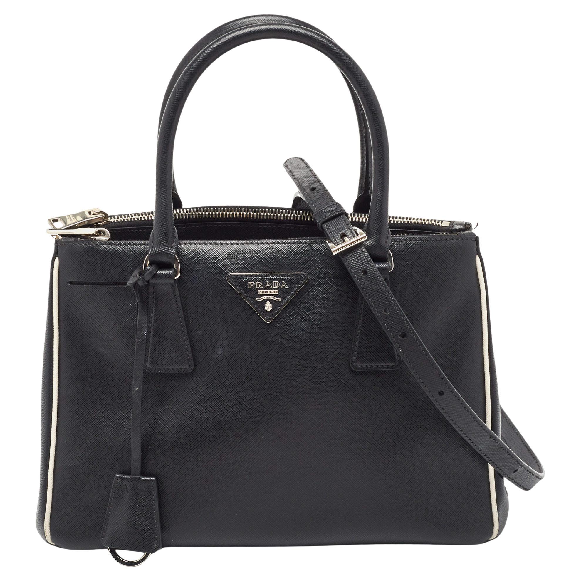 Prada Black/White Saffiano Lux Leather Small Galleria Tote