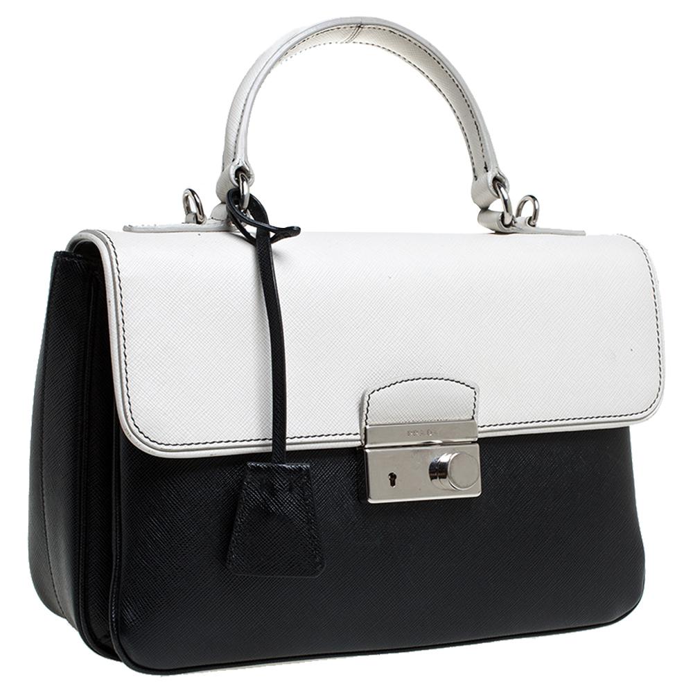 Prada Black/White Saffiano Lux Leather Small Sound Top Handle Bag In Fair Condition In Dubai, Al Qouz 2