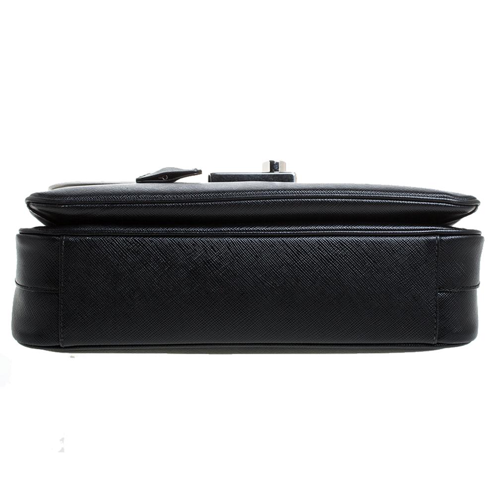 Women's Prada Black/White Saffiano Lux Leather Small Sound Top Handle Bag