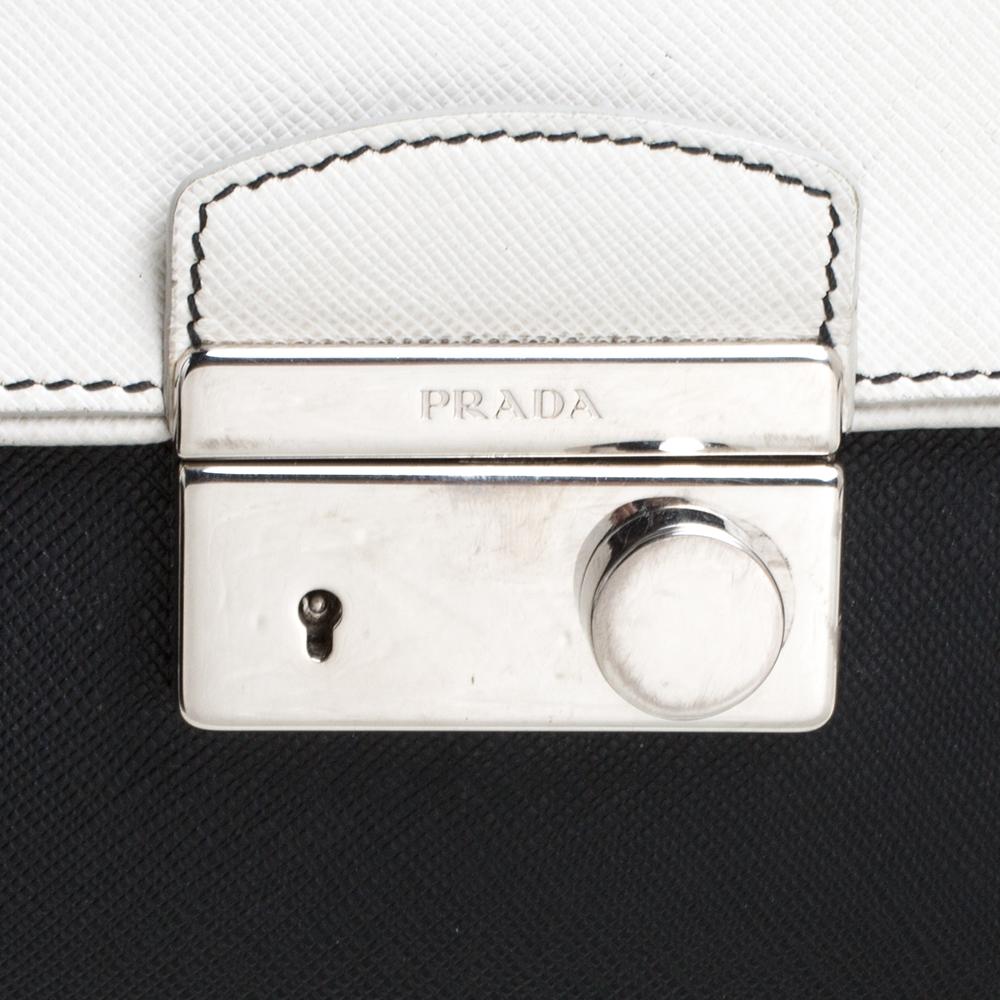 Prada Black/White Saffiano Lux Leather Small Sound Top Handle Bag 4
