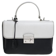 Prada Black/White Saffiano Lux Leather Small Sound Top Handle Bag