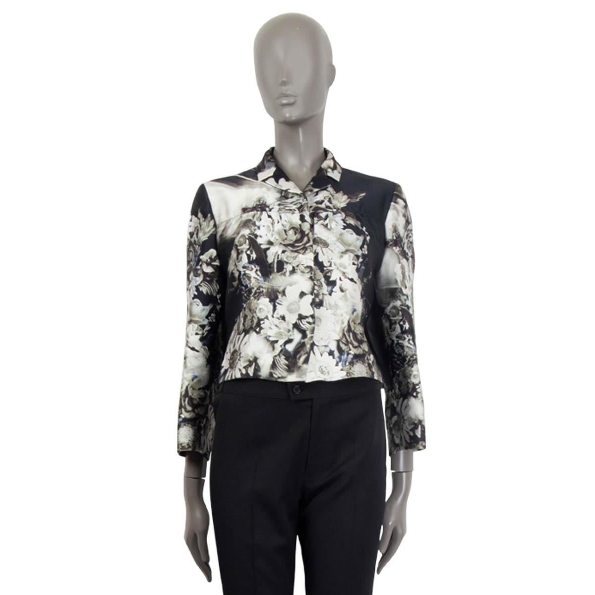 Black PRADA black & white silk FLORAL CROPPED Jacket 44 L For Sale