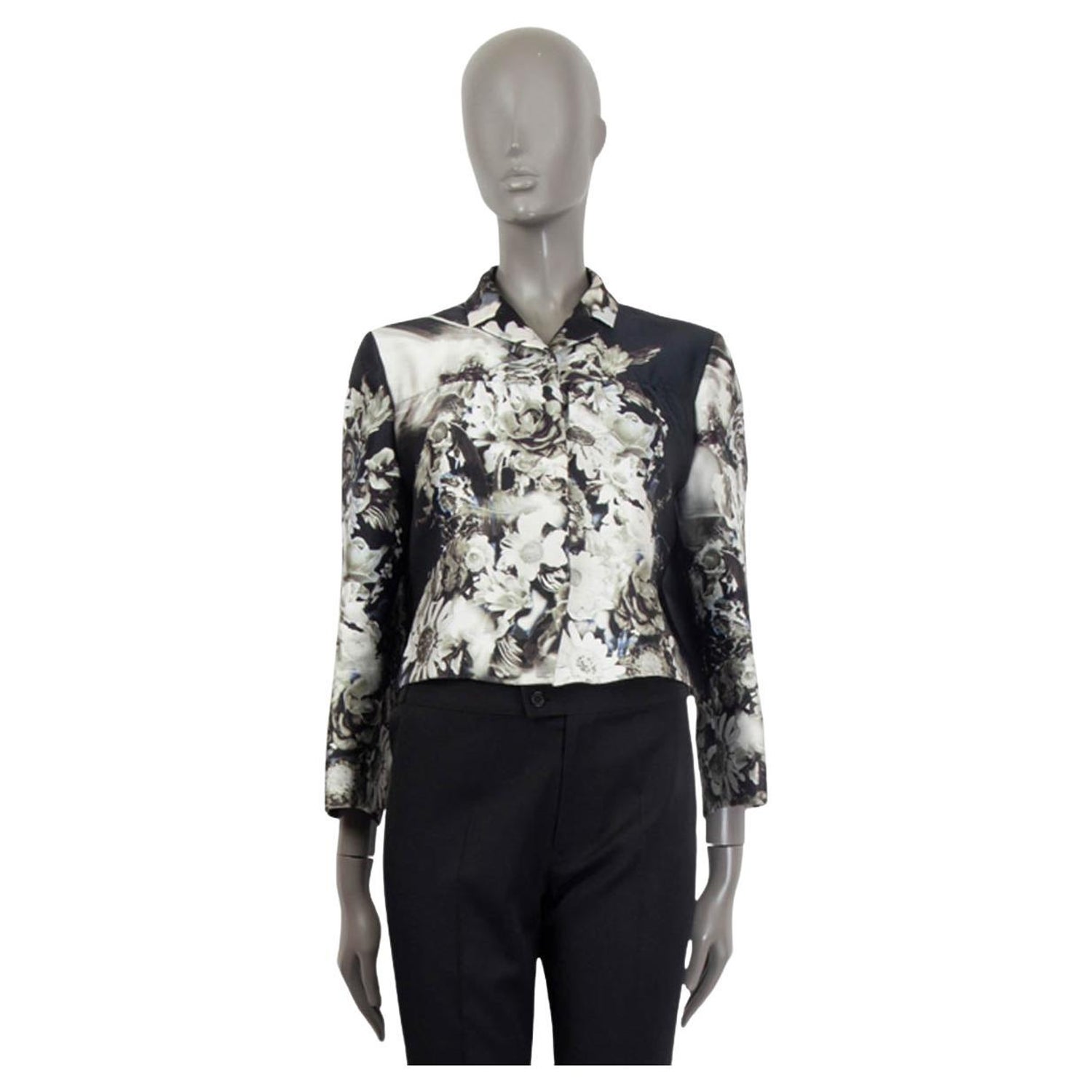 PRADA black and white silk FLORAL CROPPED Jacket 44 L For Sale at 1stDibs