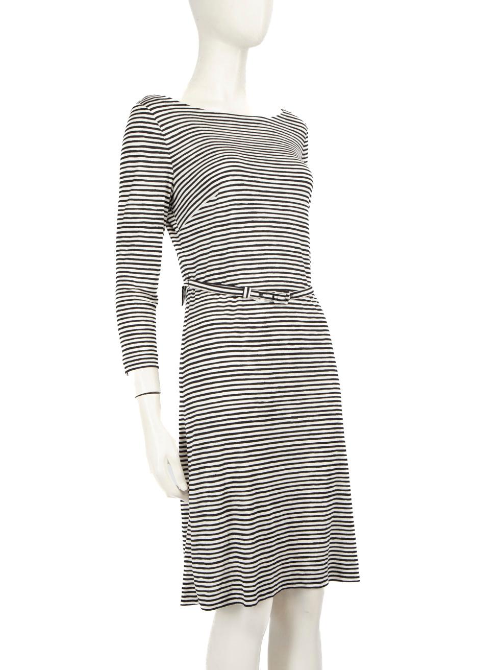 CONDITION is Very good. Minimal wear to the dress is evident. Loose thread holding the back neckline facing down on this used Prada designer resale item.
  
  
  
  Details
  
  
  Multicolour- black, white
  
  Silk
  
  Dress
  
  Striped pattern
