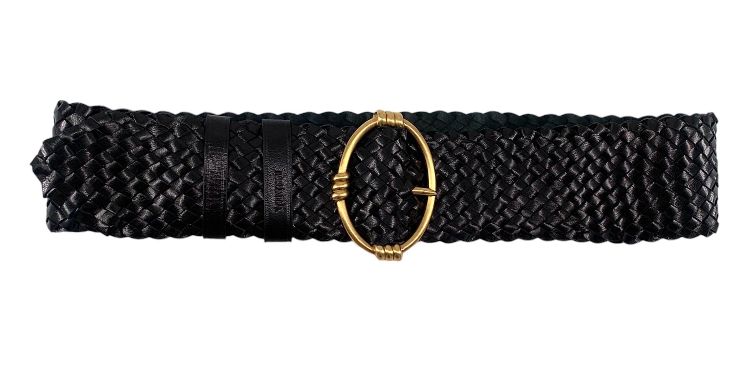 PRADA Cintura nera larga in pelle intrecciata con fibbia dorata, anni 2000 in vendita