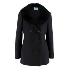 Used Prada black wool blend double breasted coat w/ fur collar IT 42