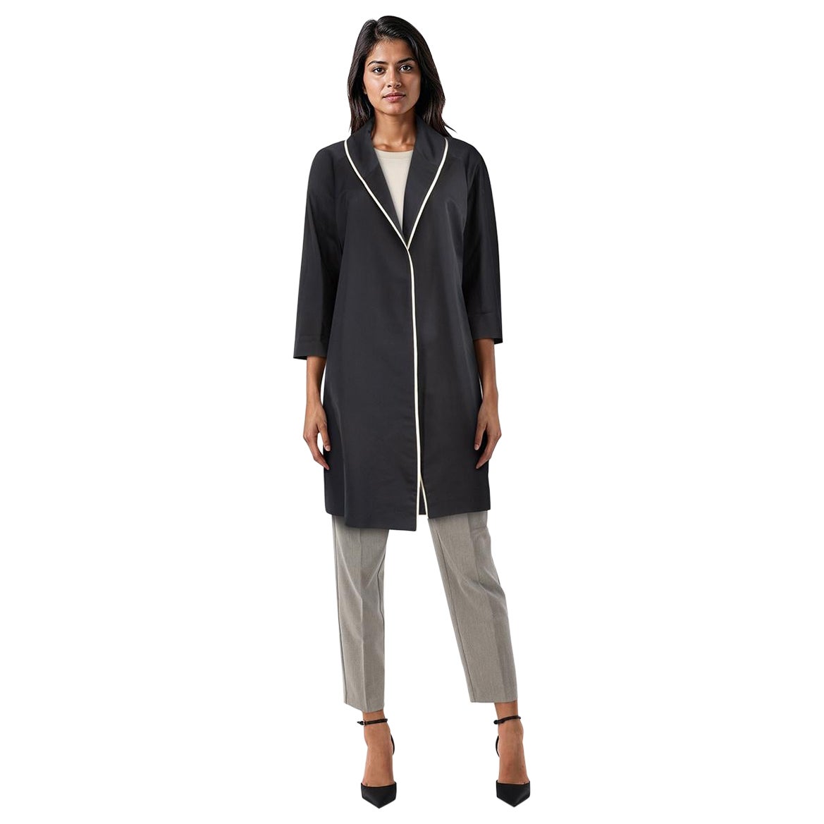 Prada Black Wool Contrast Trim Open Front Coat Size XXS For Sale