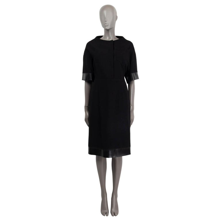 PRADA black wool FAUX LEATHER TRIM SHORT SLEEVE Shift Dress 40 S For Sale  at 1stDibs