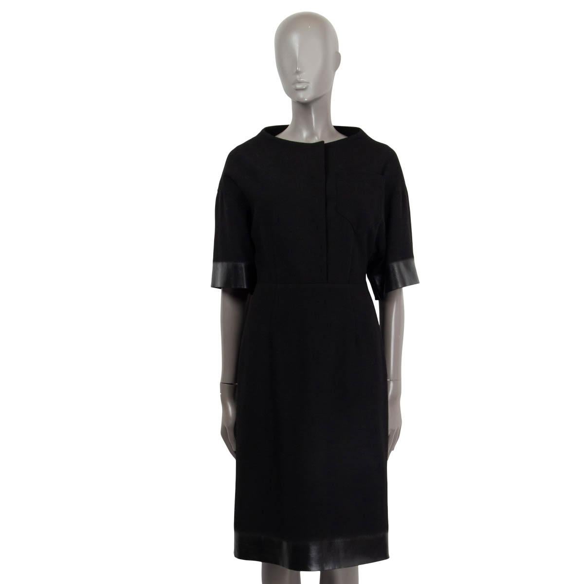 Black PRADA black wool FAUX LEATHER TRIM SHORT SLEEVE Shift Dress 40 S For Sale