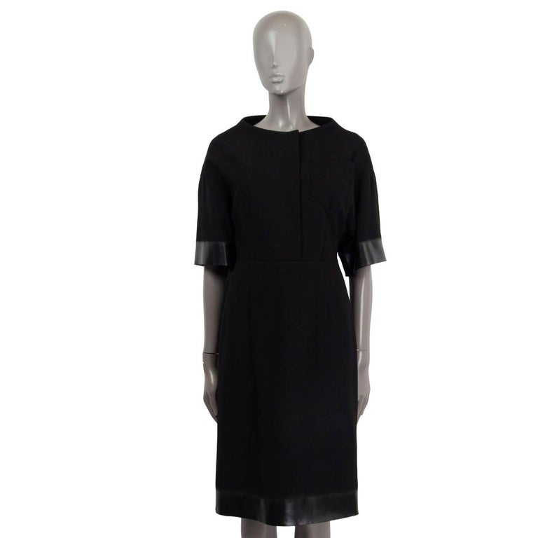 PRADA black wool FAUX LEATHER TRIM SHORT SLEEVE Shift Dress 40 S For Sale at 1stDibs PRADA black wool FAUX LEATHER TRIM SHORT SLEEVE Shift Dress 40 S For Sale at 1stDibs
