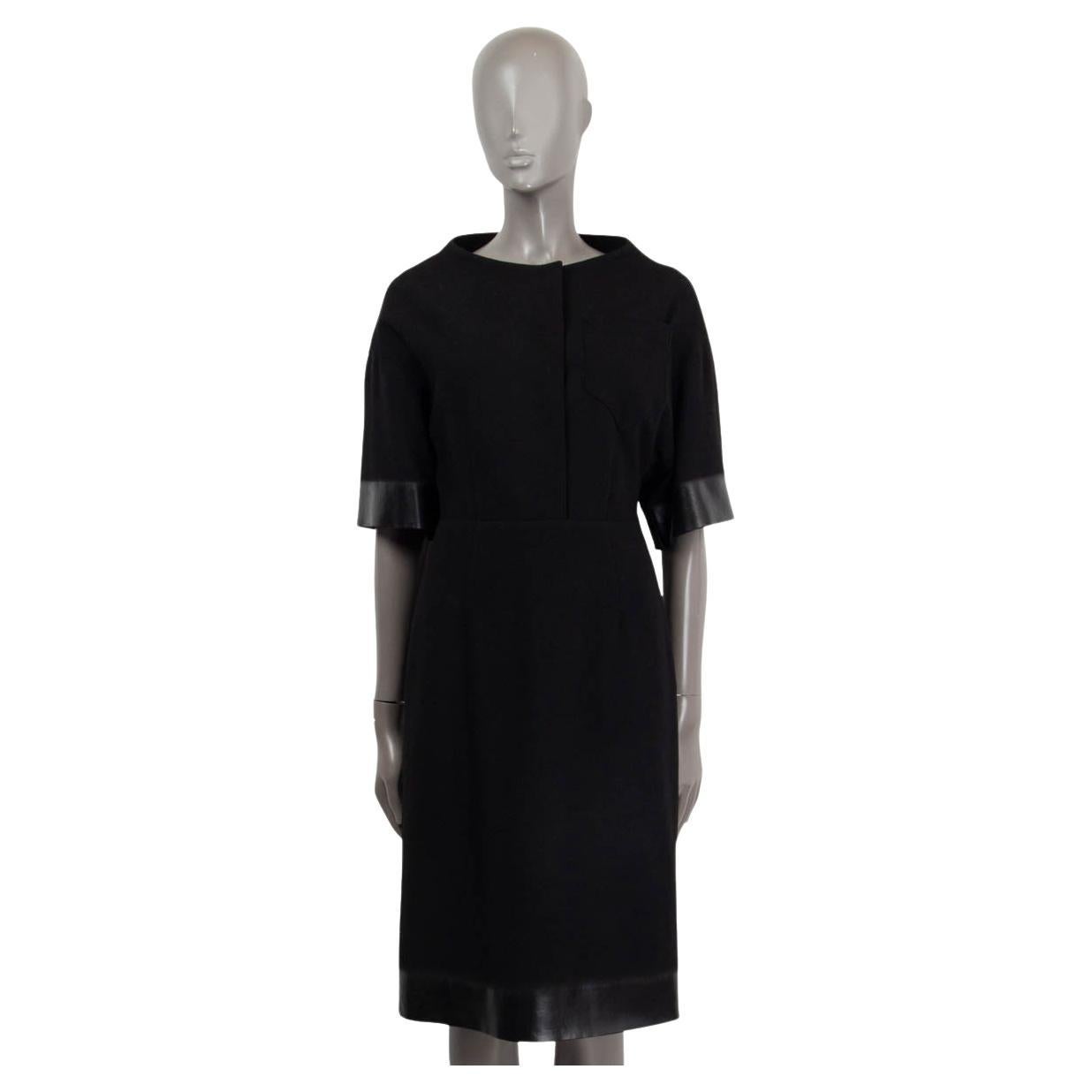 PRADA black wool FAUX LEATHER TRIM SHORT SLEEVE Shift Dress 40 S For Sale