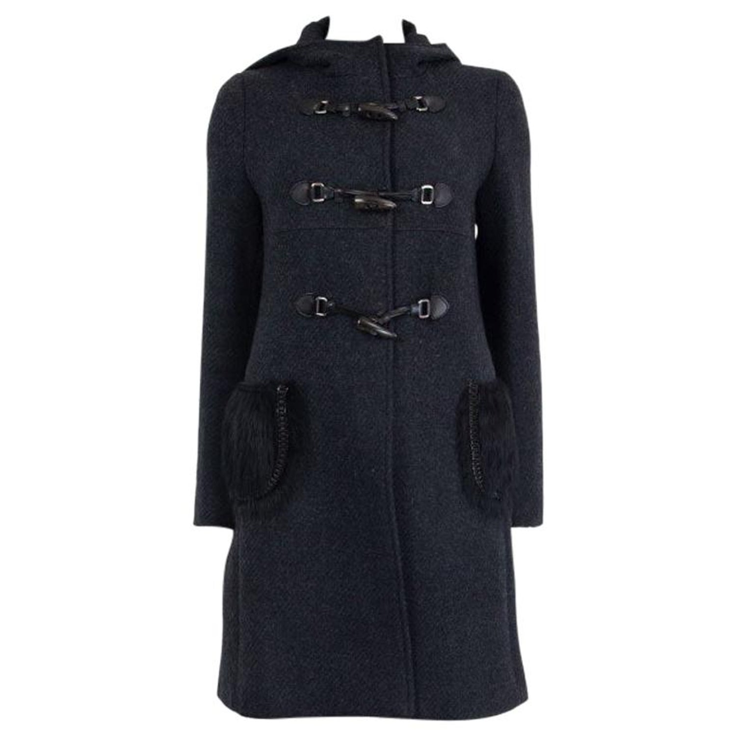 PRADA black wool FUR POCKETS DUFFLE Coat Jacket 42 M For Sale at 1stDibs