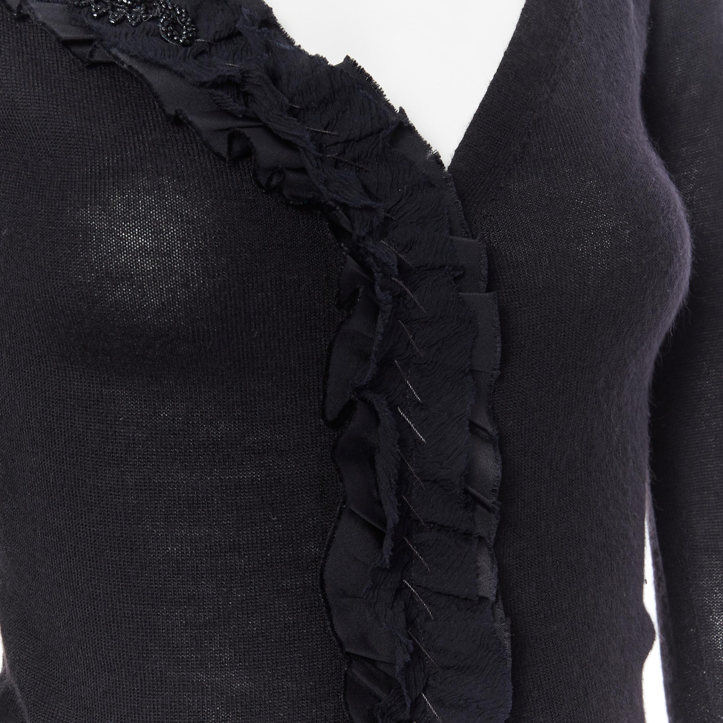 PRADA black wool knit bead embellished ruffle trimmed button cardigan IT38 2