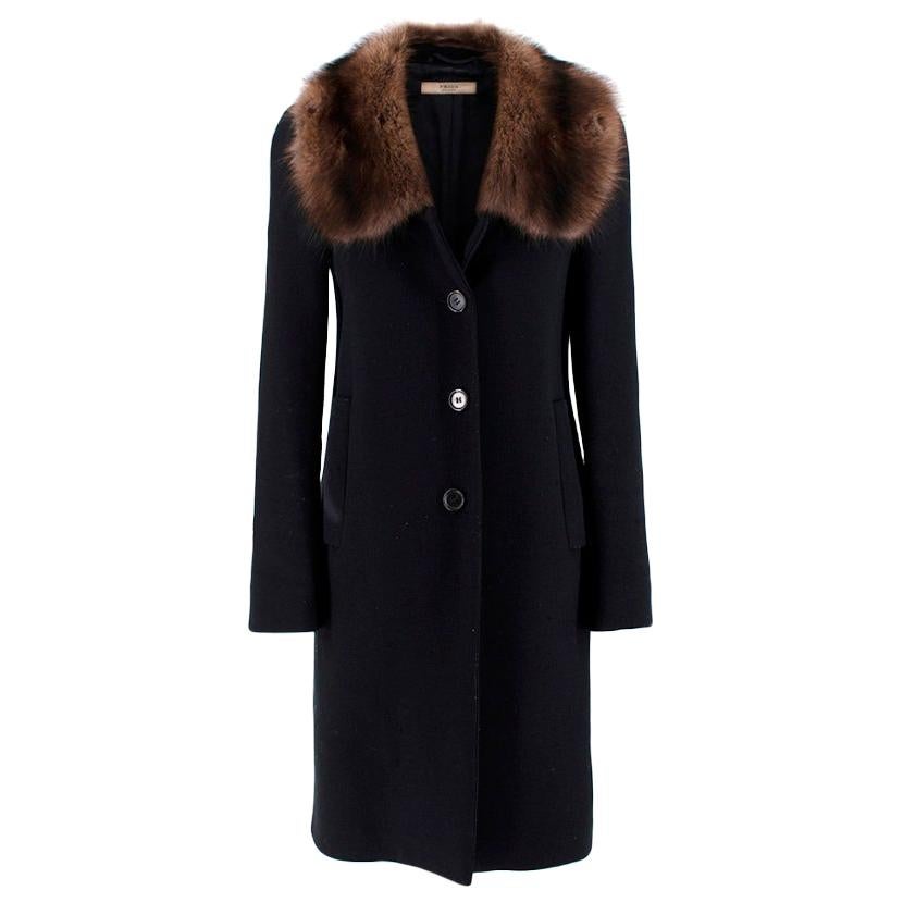 Prada Black Wool Overcoat With Fur Collar - Size US 0