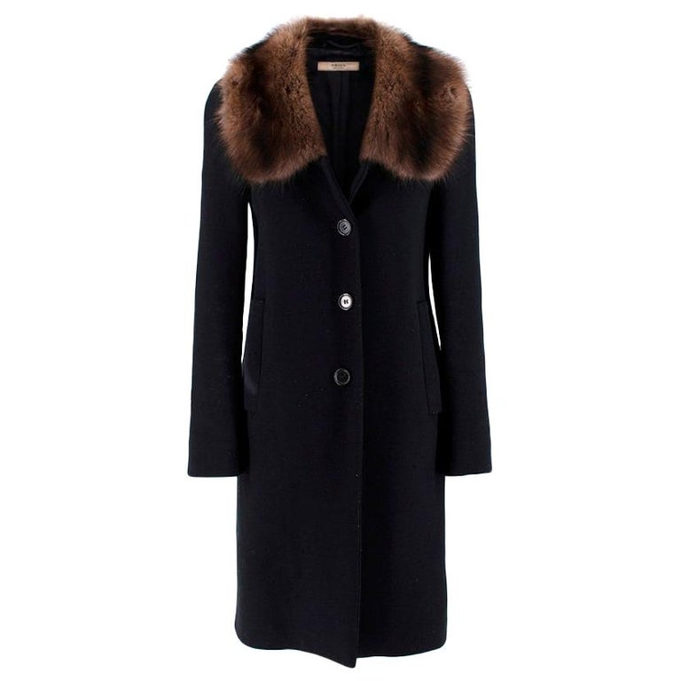 Prada Black Wool Overcoat With Fur Collar - Size US 0 at 1stDibs