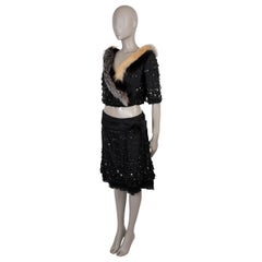 PRADA black wool & silk 2006 FUR TRIM BEADED Skirt Suit 44 L LIMITED EDITION
