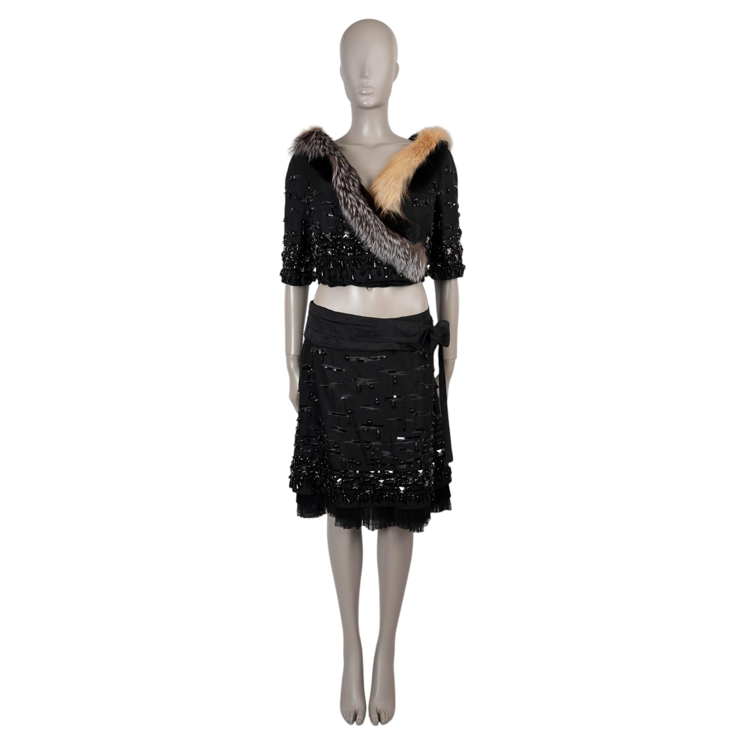 PRADA noir laine et soie 2006 Fourrure TRIM BEADED Jupe Suit 44 L LIMITED EDITION