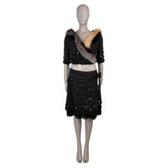 PRADA black wool & silk 2006 FUR TRIM BEADED Skirt Suit 44 L LIMITED EDITION