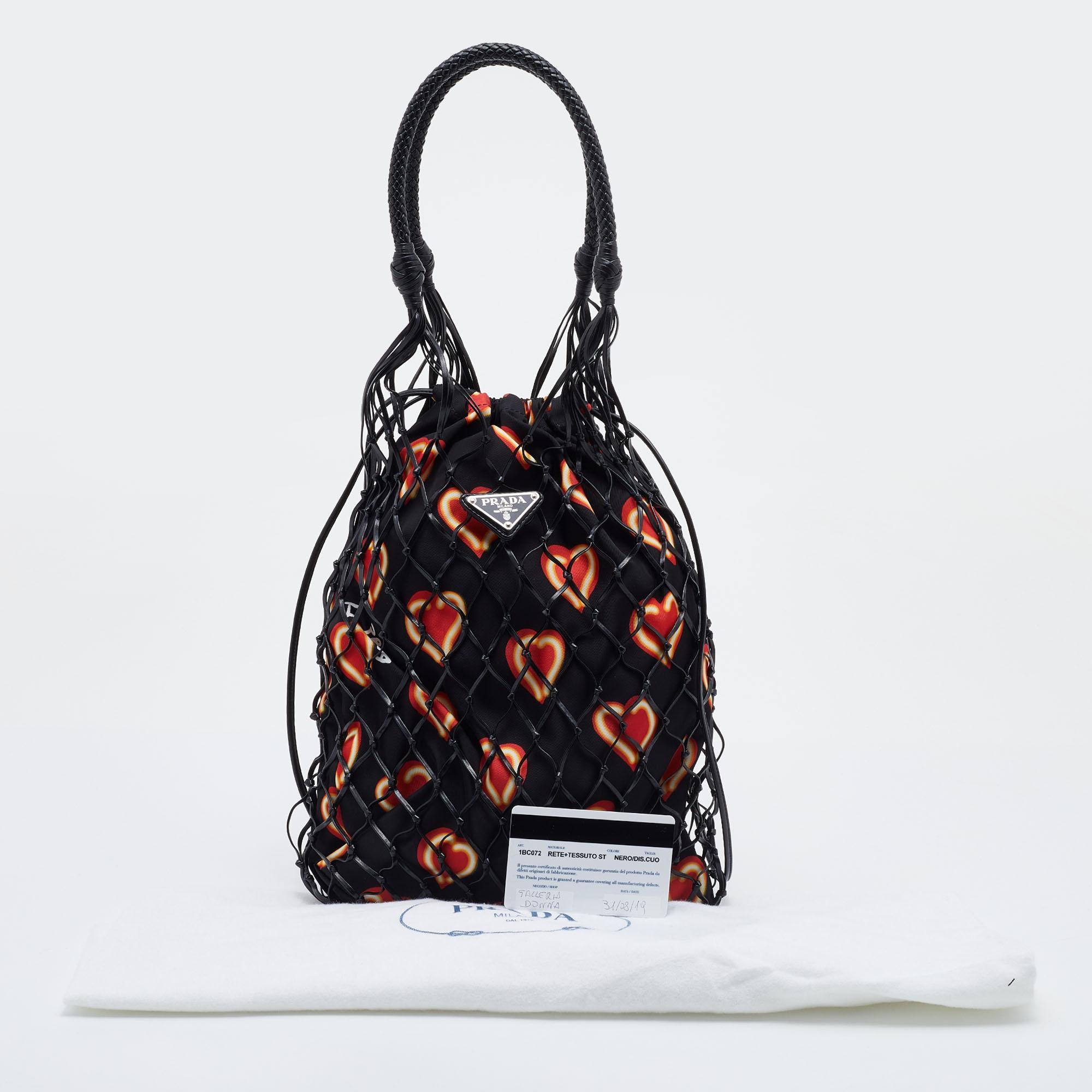 Prada Black Woven Fishnet Leather and Nylon Drawstring Bucket Bag 6