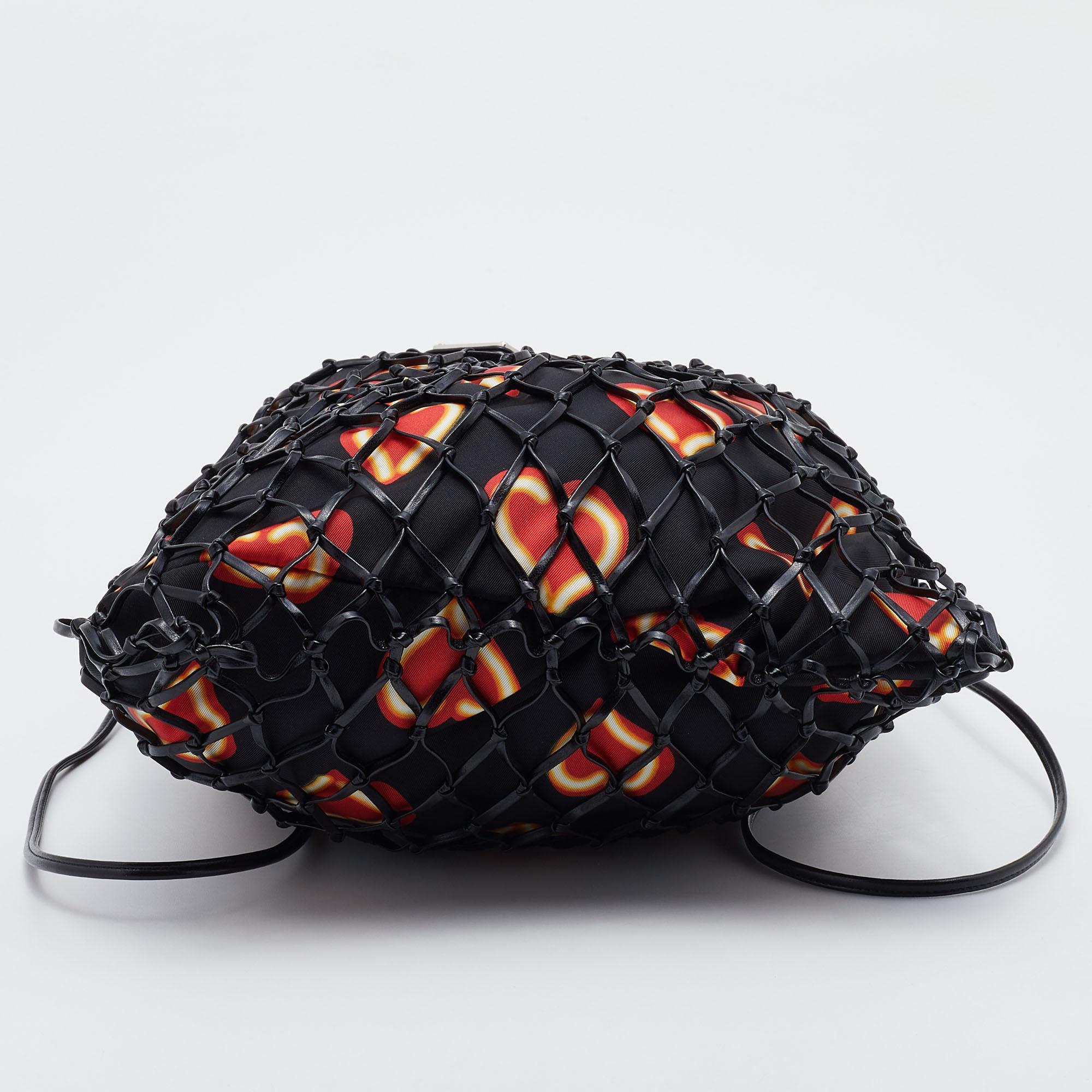 Women's Prada Black Woven Fishnet Leather and Nylon Drawstring Bucket Bag