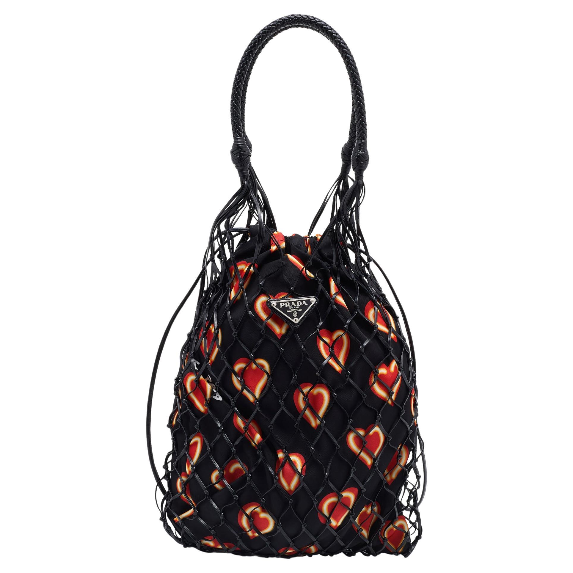 Prada Black Woven Fishnet Leather and Nylon Drawstring Bucket Bag