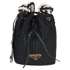 Prada Black Yarn Raffia Effect Crochet Mini Drawstring Bucket Bag