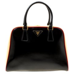Prada Black/Yellow Patent Leather Pyramid Frame Top Handle Bag