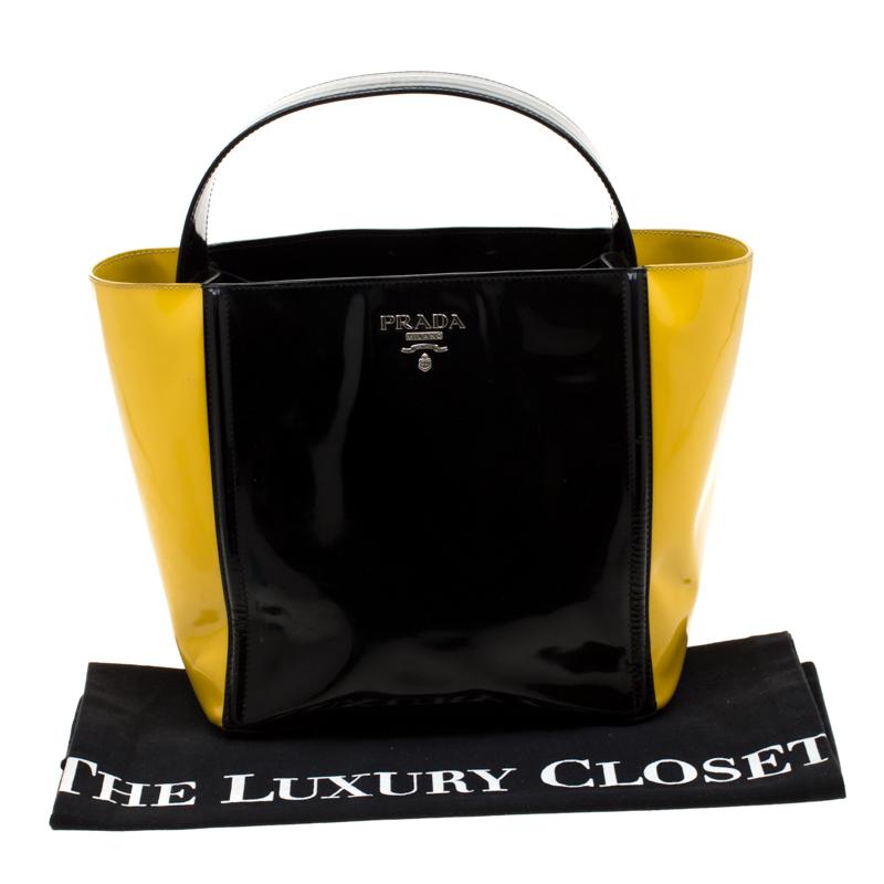 Prada Black/Yellow Patent Leather Top Handle Bag 7